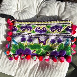 Colorful Embroidered Clutch or makeup bag with Pom Poms